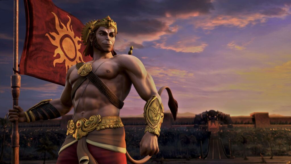 shree hanuman holding a flag in front of lanka in the legend of hanuman